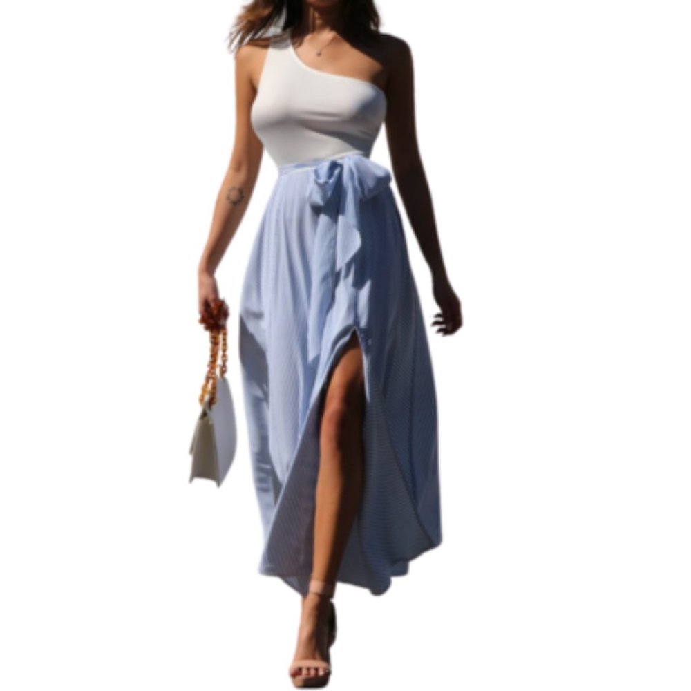 One-Shoulder Blue/White Striped Skirt Dress